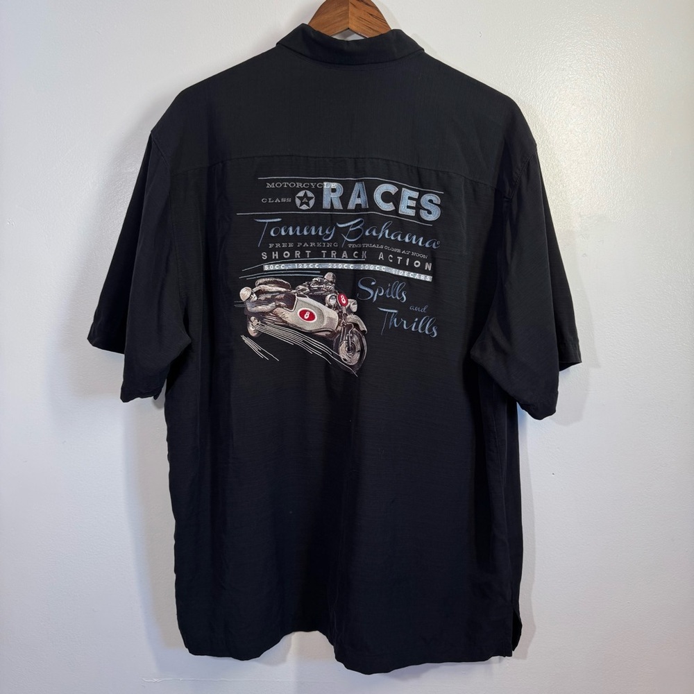 Tommy Bahama 100% Silk Motorcycle Races Embroidered Hawaiian Shirt Mens Large
